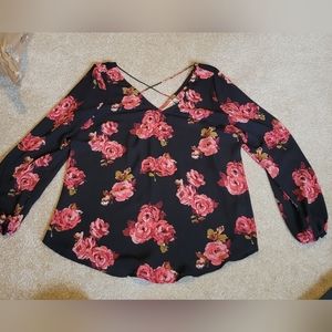 14th & Union Top Long Sleeve Black Rose Print Chiffon Cross Back Blouse womens M